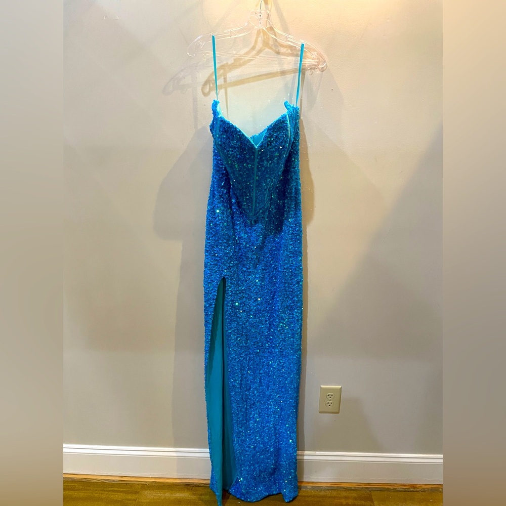 Blue strapless sequin dress